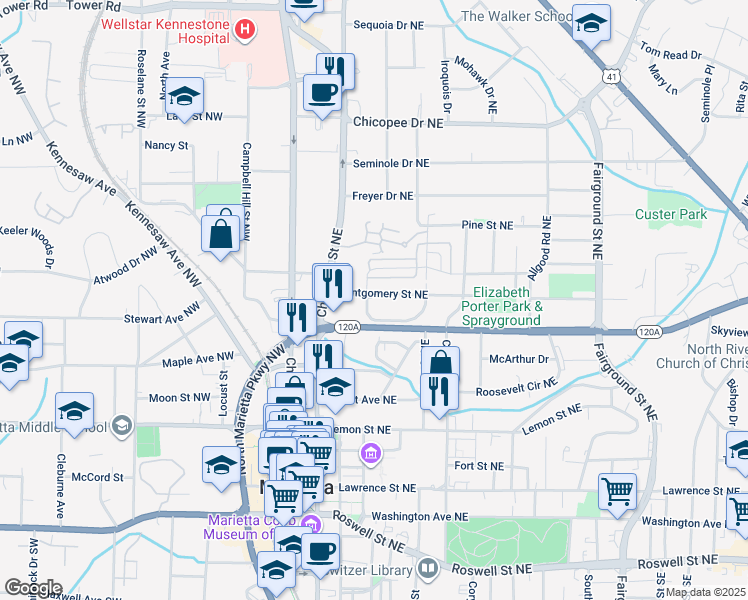 map of restaurants, bars, coffee shops, grocery stores, and more near 196 Montgomery Street Northeast in Marietta