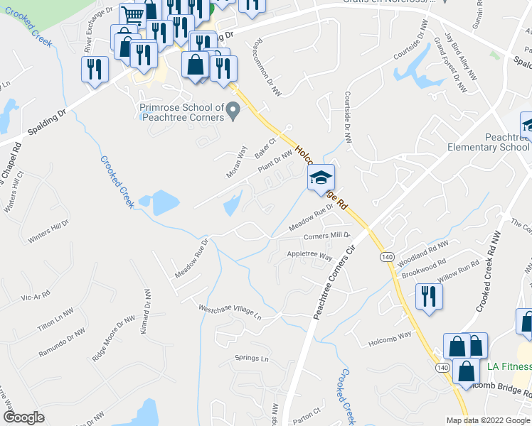 map of restaurants, bars, coffee shops, grocery stores, and more near 3600 Park Lake Lane Northwest in Norcross