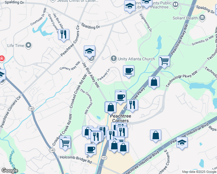 map of restaurants, bars, coffee shops, grocery stores, and more near 5318 Terrace Bend Place in Peachtree Corners