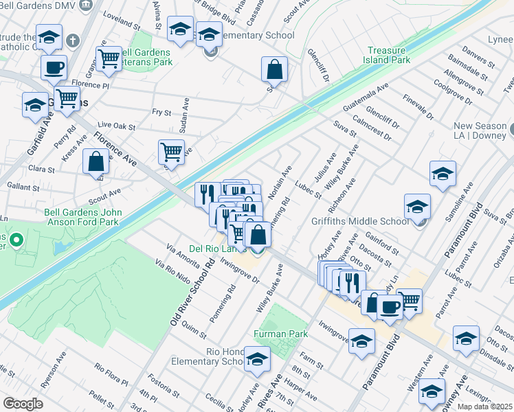 map of restaurants, bars, coffee shops, grocery stores, and more near 7415 Dinsdale Street in Downey