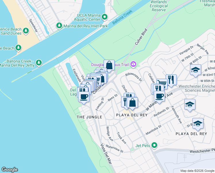 map of restaurants, bars, coffee shops, grocery stores, and more near 380 Pershing Drive in Los Angeles
