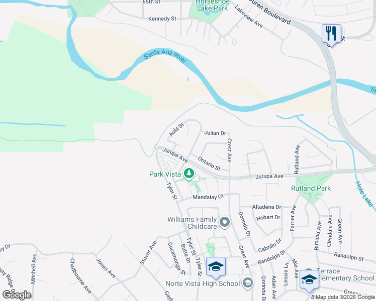 map of restaurants, bars, coffee shops, grocery stores, and more near 7193 Idyllwild Lane in Riverside