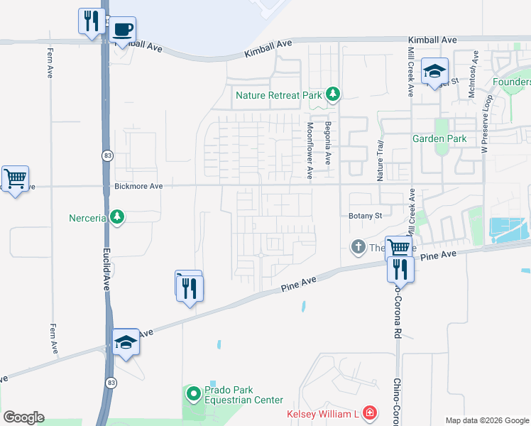map of restaurants, bars, coffee shops, grocery stores, and more near 7496 Botany Street in Chino