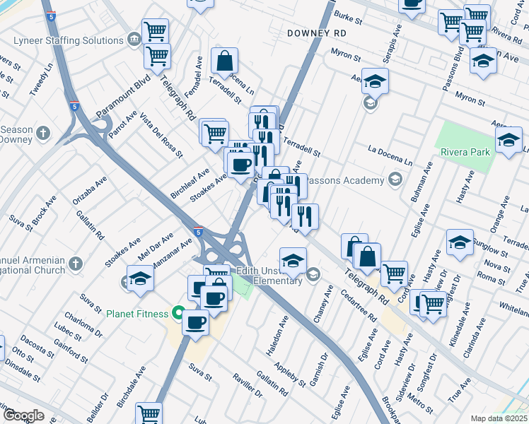 map of restaurants, bars, coffee shops, grocery stores, and more near 8829 Lindell Avenue in Downey
