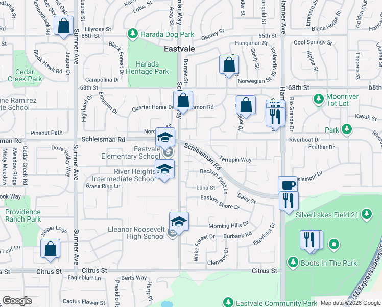 map of restaurants, bars, coffee shops, grocery stores, and more near 7026 Snowburst Court in Corona