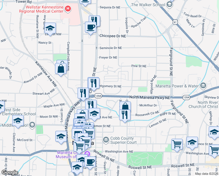 map of restaurants, bars, coffee shops, grocery stores, and more near 216 Montgomery Street Northeast in Marietta
