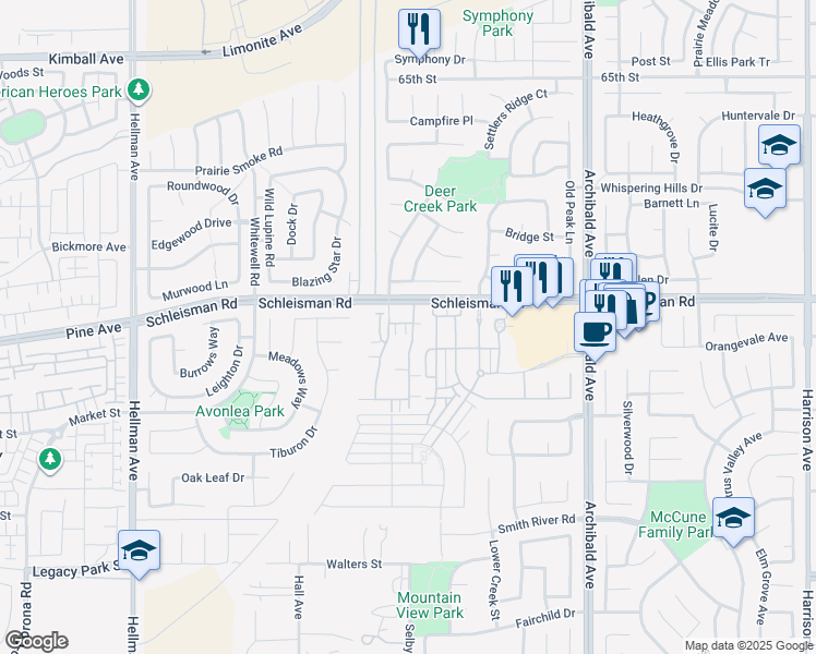 map of restaurants, bars, coffee shops, grocery stores, and more near 14509 Verona Place in Eastvale