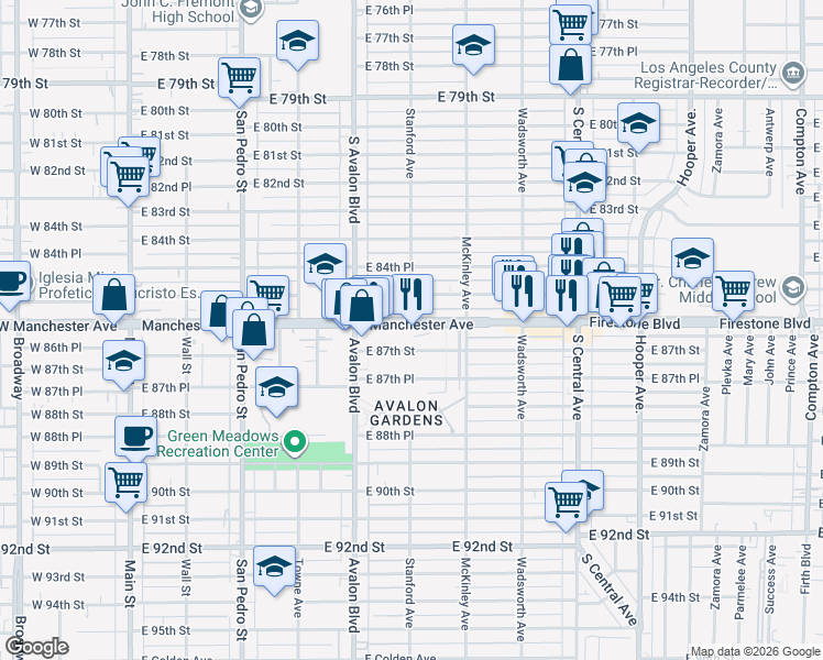 map of restaurants, bars, coffee shops, grocery stores, and more near 660 East Manchester Avenue in Los Angeles
