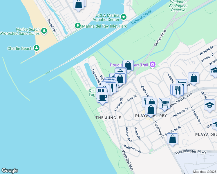 map of restaurants, bars, coffee shops, grocery stores, and more near 6669 Vista Del Mar in Los Angeles