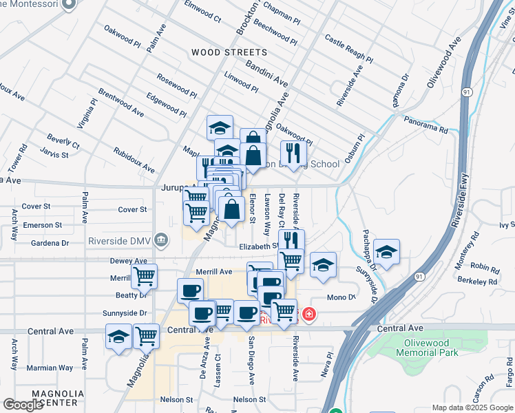 map of restaurants, bars, coffee shops, grocery stores, and more near 6054 Elenor Street in Riverside