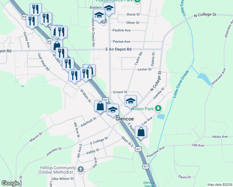 map of restaurants, bars, coffee shops, grocery stores, and more near 301 Ernest Street in Gadsden