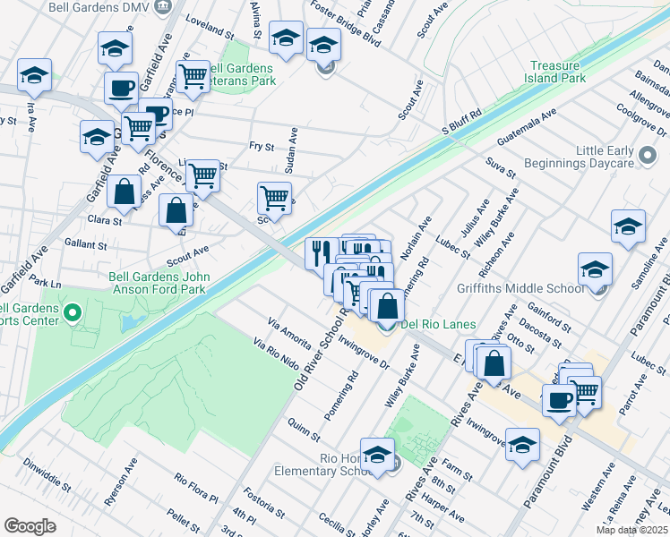 map of restaurants, bars, coffee shops, grocery stores, and more near 10031 Susan Avenue in Downey