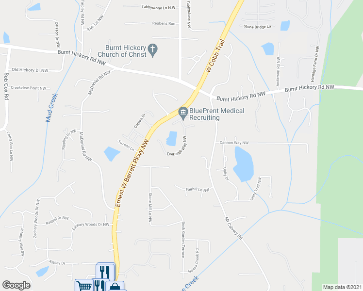map of restaurants, bars, coffee shops, grocery stores, and more near 271 Everleigh Way Northwest in Marietta