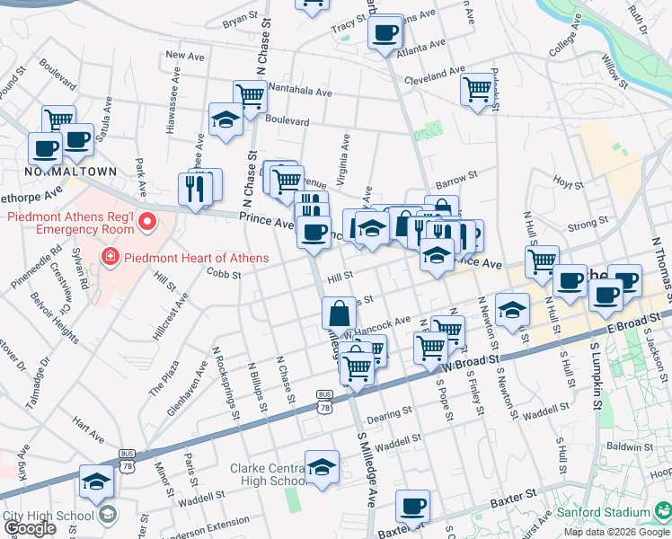 map of restaurants, bars, coffee shops, grocery stores, and more near 470 Hill Street in Athens