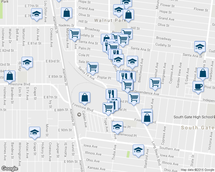 map of restaurants, bars, coffee shops, grocery stores, and more near 2612 Independence Avenue in Huntington Park
