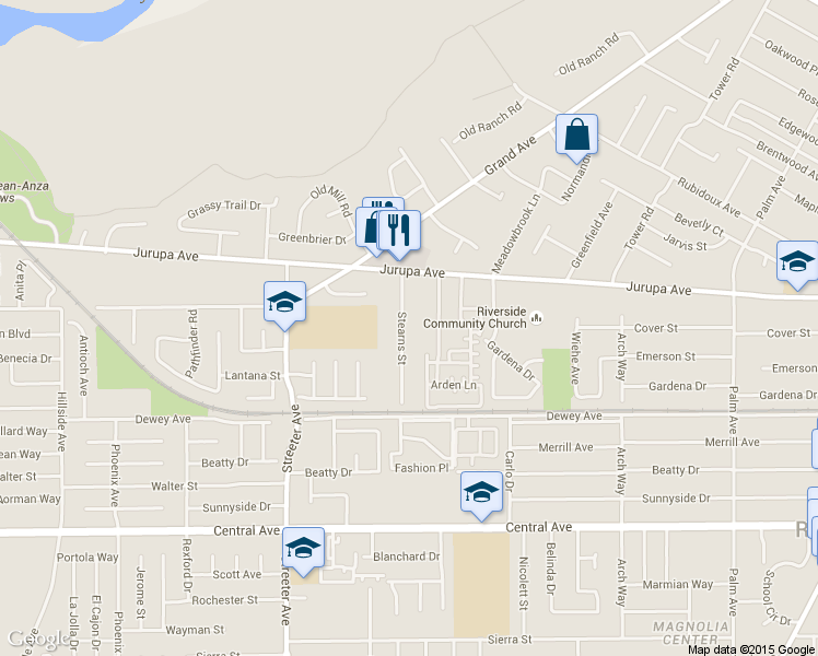 map of restaurants, bars, coffee shops, grocery stores, and more near 6142 Stearns St in Riverside