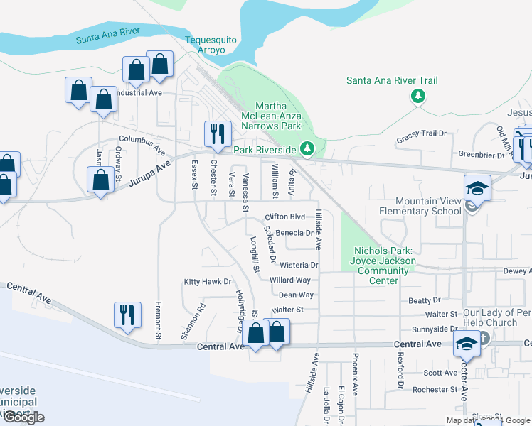 map of restaurants, bars, coffee shops, grocery stores, and more near 5849 Clifton Boulevard in Riverside