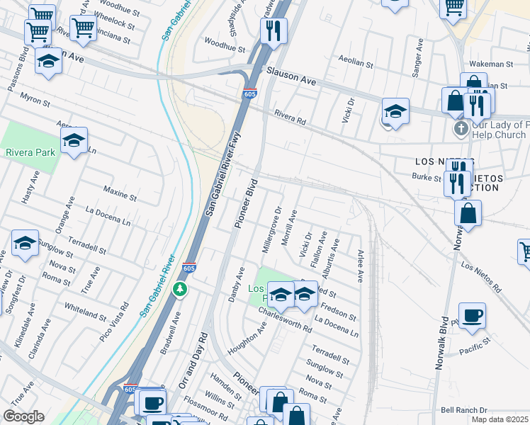 map of restaurants, bars, coffee shops, grocery stores, and more near 9118 Danby Avenue in Santa Fe Springs