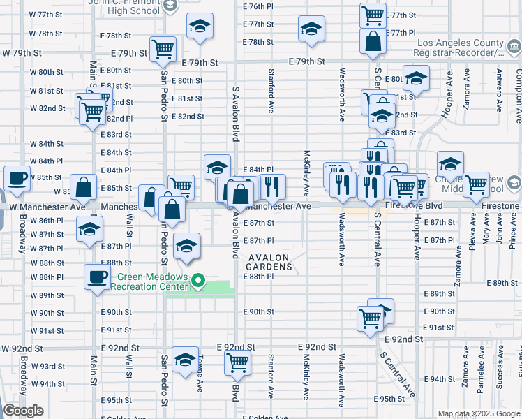 map of restaurants, bars, coffee shops, grocery stores, and more near 640 East Manchester Avenue in Los Angeles