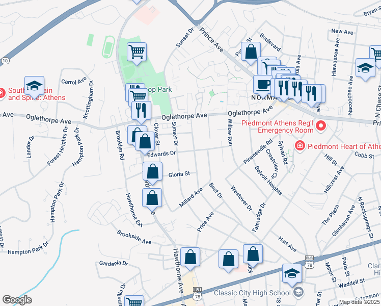 map of restaurants, bars, coffee shops, grocery stores, and more near 595 Holman Avenue in Athens