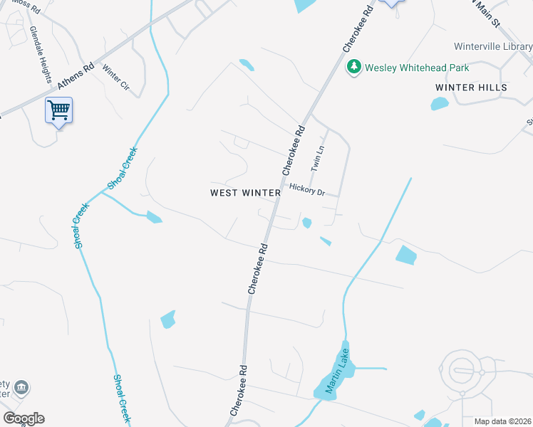 map of restaurants, bars, coffee shops, grocery stores, and more near 1050 Cherokee Road in Winterville