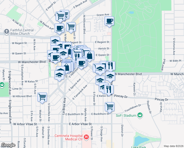 map of restaurants, bars, coffee shops, grocery stores, and more near 438 East Spruce Avenue in Inglewood