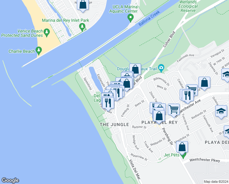 map of restaurants, bars, coffee shops, grocery stores, and more near 6669 Vista Del Mar in Los Angeles