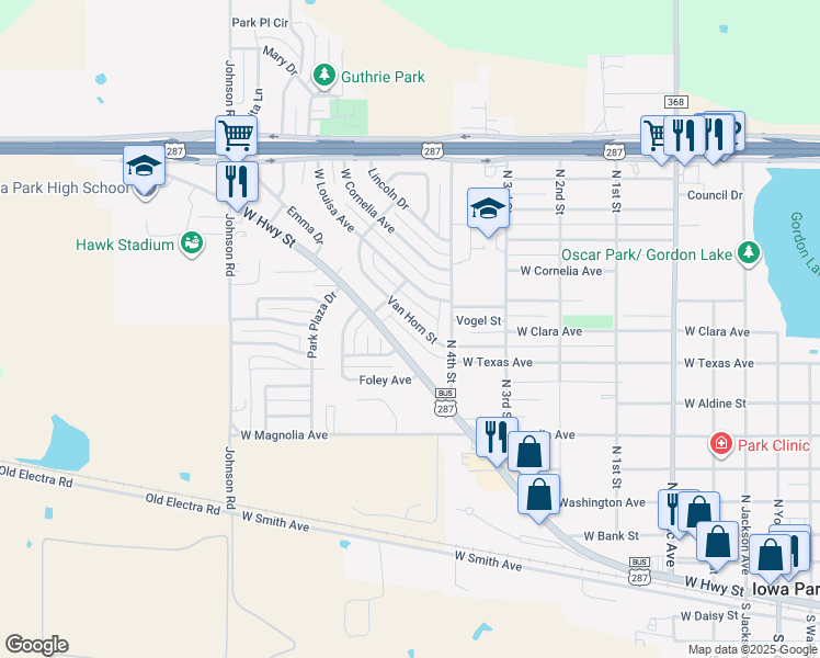 map of restaurants, bars, coffee shops, grocery stores, and more near 915 Van Horn St in Iowa Park