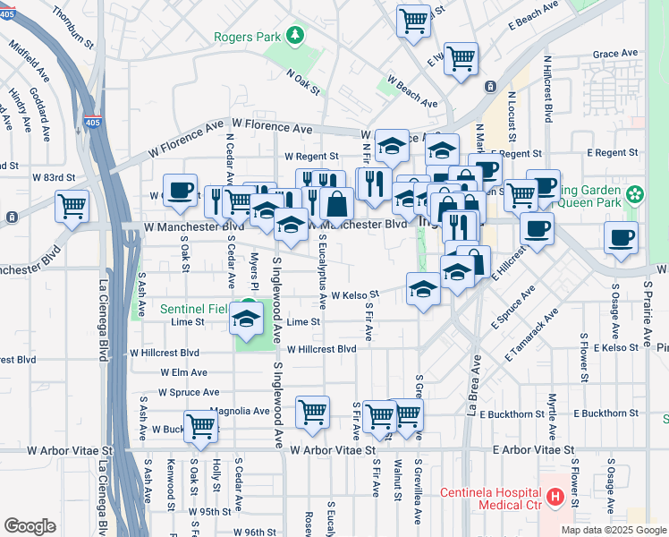 map of restaurants, bars, coffee shops, grocery stores, and more near 236 West Olive Street in Inglewood