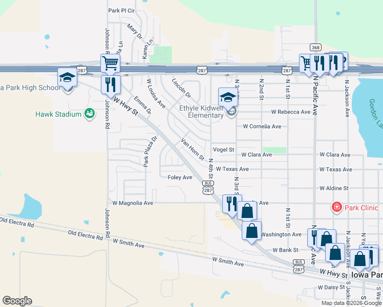 map of restaurants, bars, coffee shops, grocery stores, and more near 915 Van Horn Street in Iowa Park