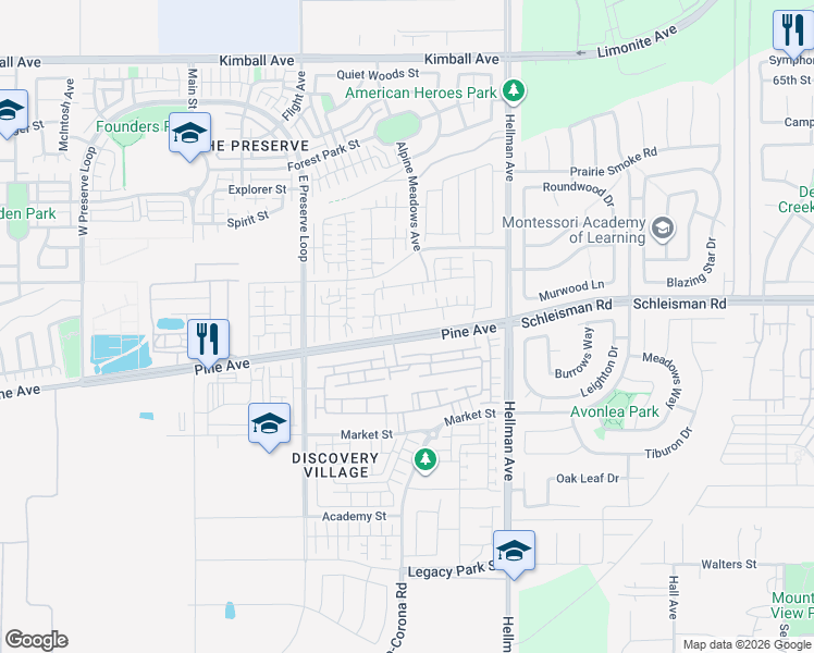 map of restaurants, bars, coffee shops, grocery stores, and more near 8689 Celebration Street in Chino