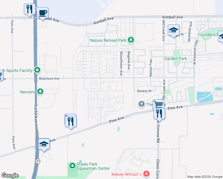 map of restaurants, bars, coffee shops, grocery stores, and more near 7554 Botany Street in Chino
