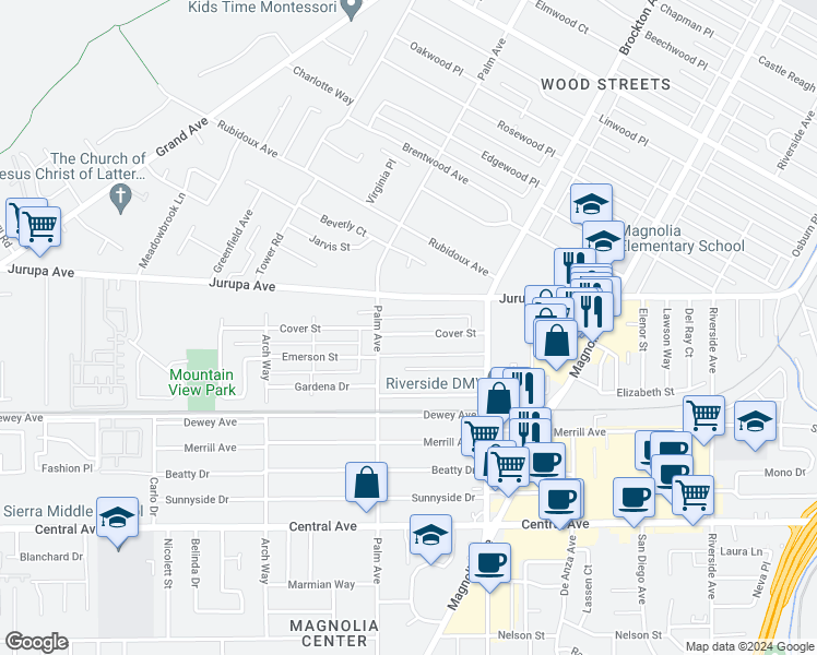 map of restaurants, bars, coffee shops, grocery stores, and more near 4397 Cover Street in Riverside