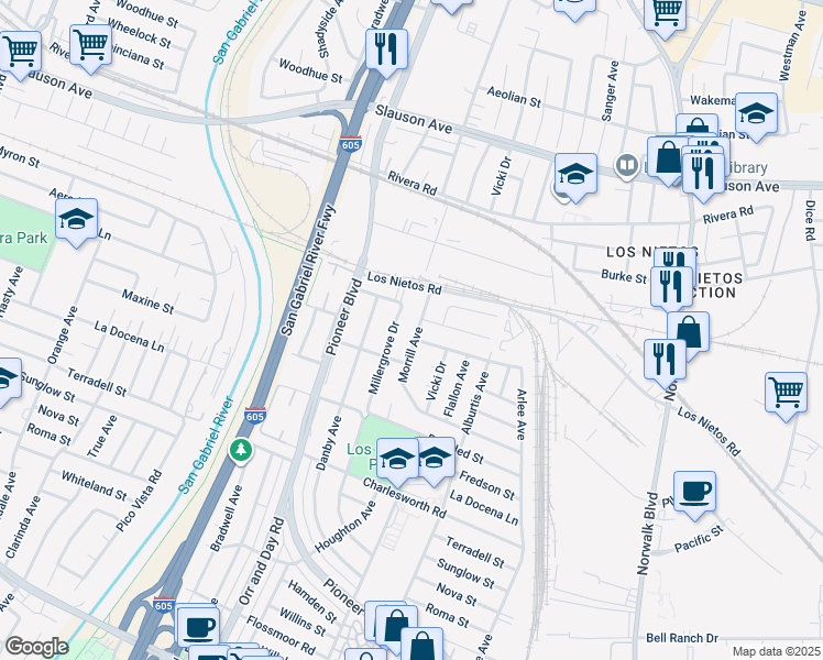 map of restaurants, bars, coffee shops, grocery stores, and more near 9051 Morrill Avenue in Santa Fe Springs