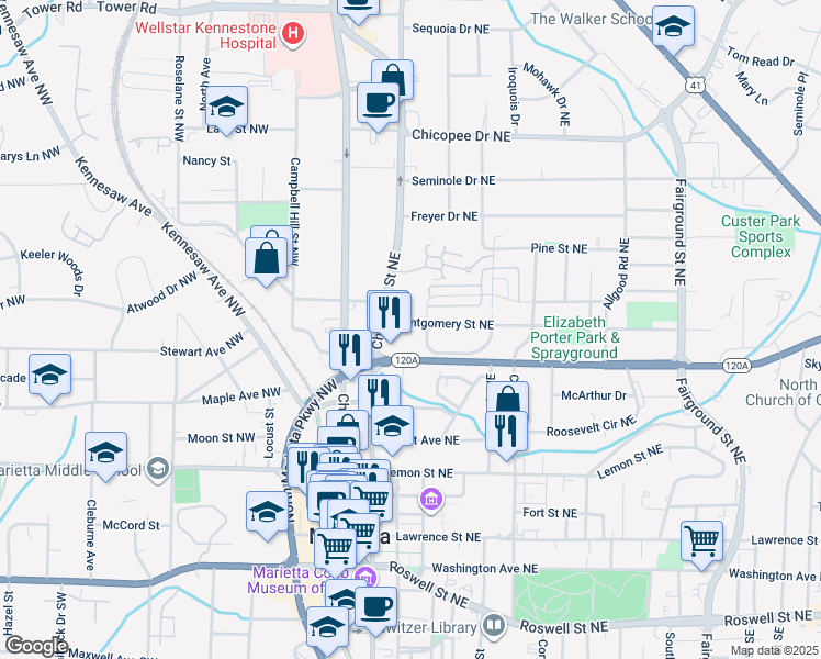 map of restaurants, bars, coffee shops, grocery stores, and more near 164 Montgomery Street Northeast in Marietta