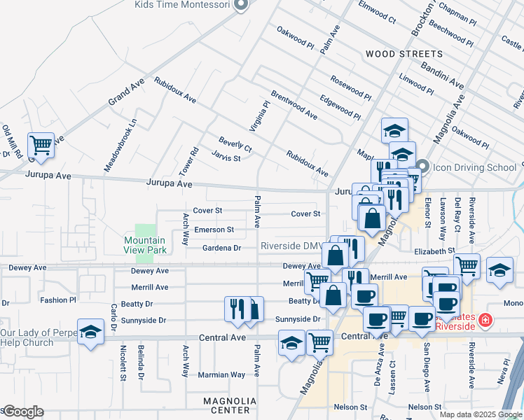 map of restaurants, bars, coffee shops, grocery stores, and more near 6074 Palm Avenue in Riverside