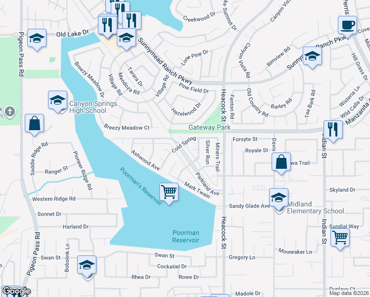 map of restaurants, bars, coffee shops, grocery stores, and more near 23772 Parkland Avenue in Moreno Valley