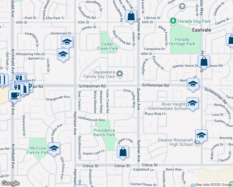 map of restaurants, bars, coffee shops, grocery stores, and more near 7040 Blackbird Lane in Corona