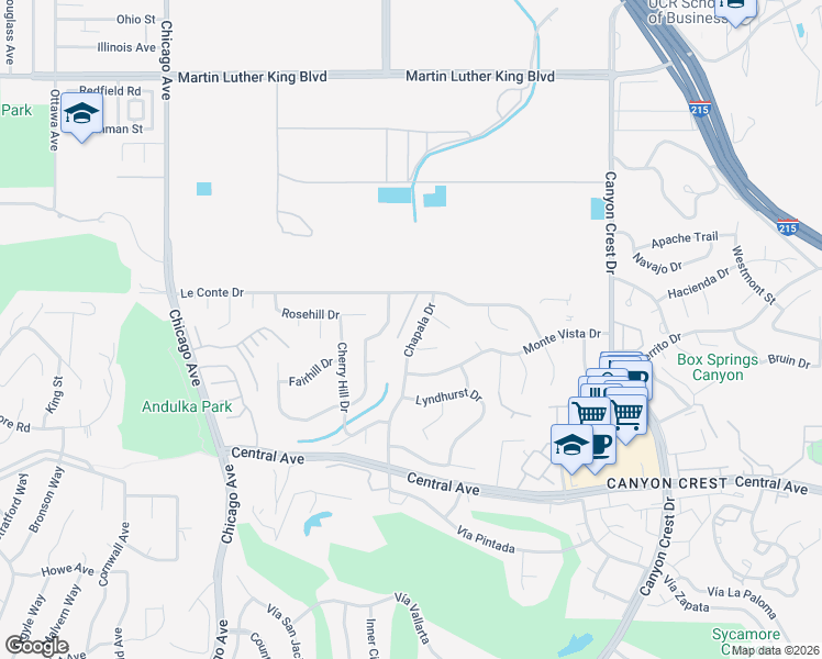 map of restaurants, bars, coffee shops, grocery stores, and more near 4979 Chapala Drive in Riverside