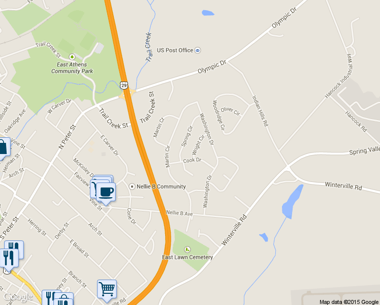 map of restaurants, bars, coffee shops, grocery stores, and more near 105 Wright Circle in Athens