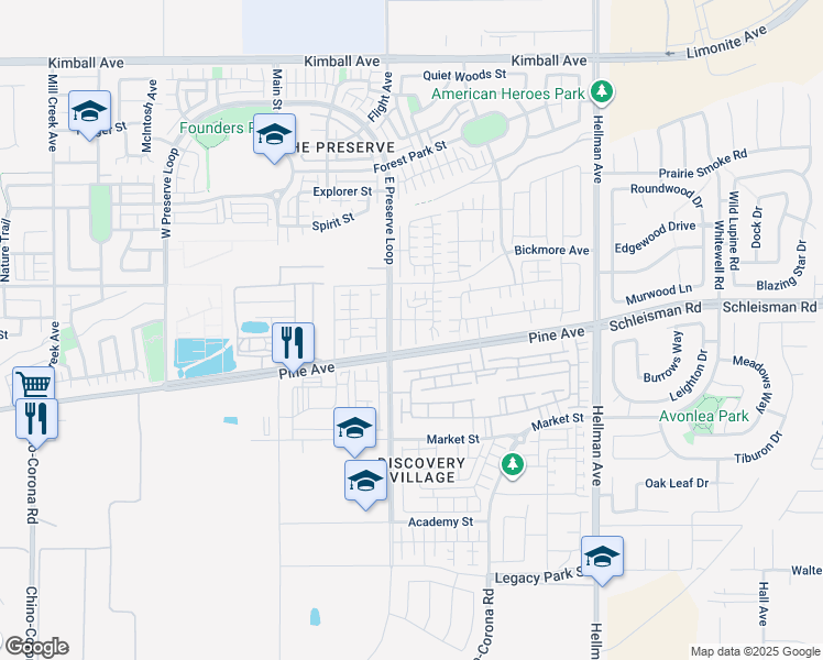 map of restaurants, bars, coffee shops, grocery stores, and more near 16145 East Preserve Loop in Chino