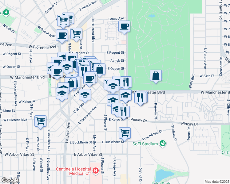 map of restaurants, bars, coffee shops, grocery stores, and more near 315 South Osage Avenue in Inglewood