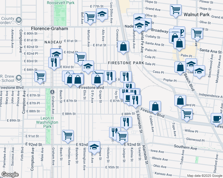 map of restaurants, bars, coffee shops, grocery stores, and more near 2100 Firestone Boulevard in Los Angeles