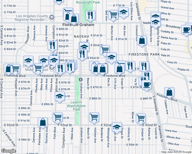 map of restaurants, bars, coffee shops, grocery stores, and more near in Florence-Graham