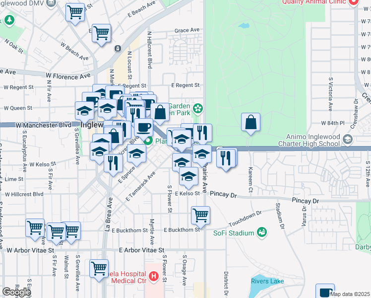map of restaurants, bars, coffee shops, grocery stores, and more near 721 East Manchester Boulevard in Inglewood