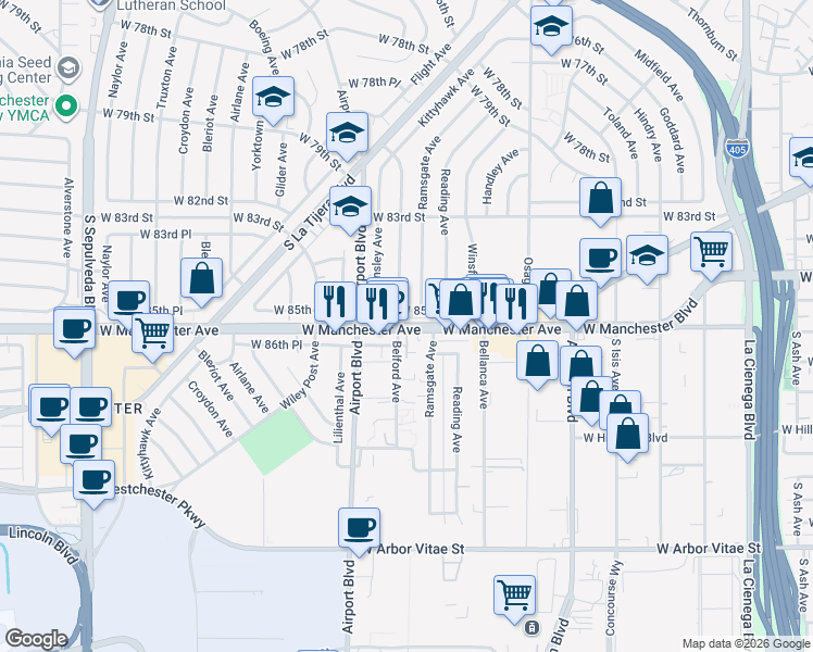 map of restaurants, bars, coffee shops, grocery stores, and more near 5823 West Manchester Avenue in Los Angeles