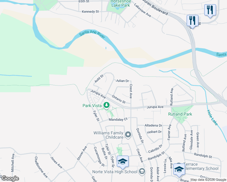 map of restaurants, bars, coffee shops, grocery stores, and more near 7193 Alta Loma Way in Riverside