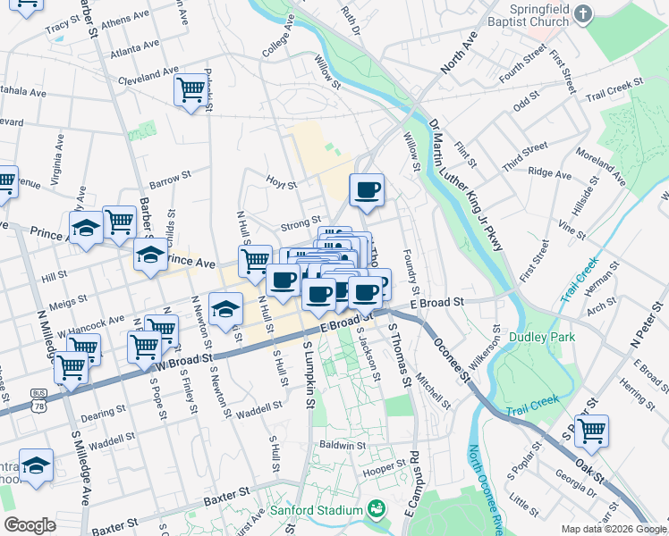 map of restaurants, bars, coffee shops, grocery stores, and more near in Athens