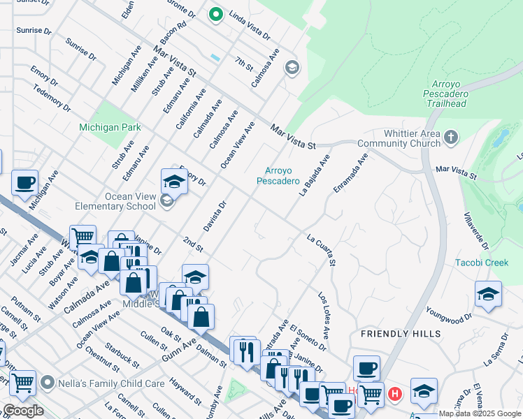 map of restaurants, bars, coffee shops, grocery stores, and more near 8405 La Vela Avenue in Whittier