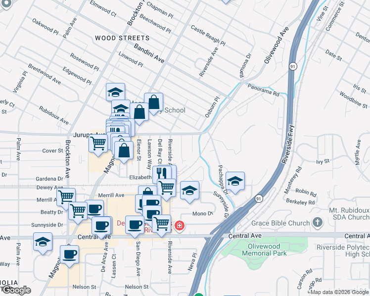 map of restaurants, bars, coffee shops, grocery stores, and more near 6030 Hamilton Drive in Riverside
